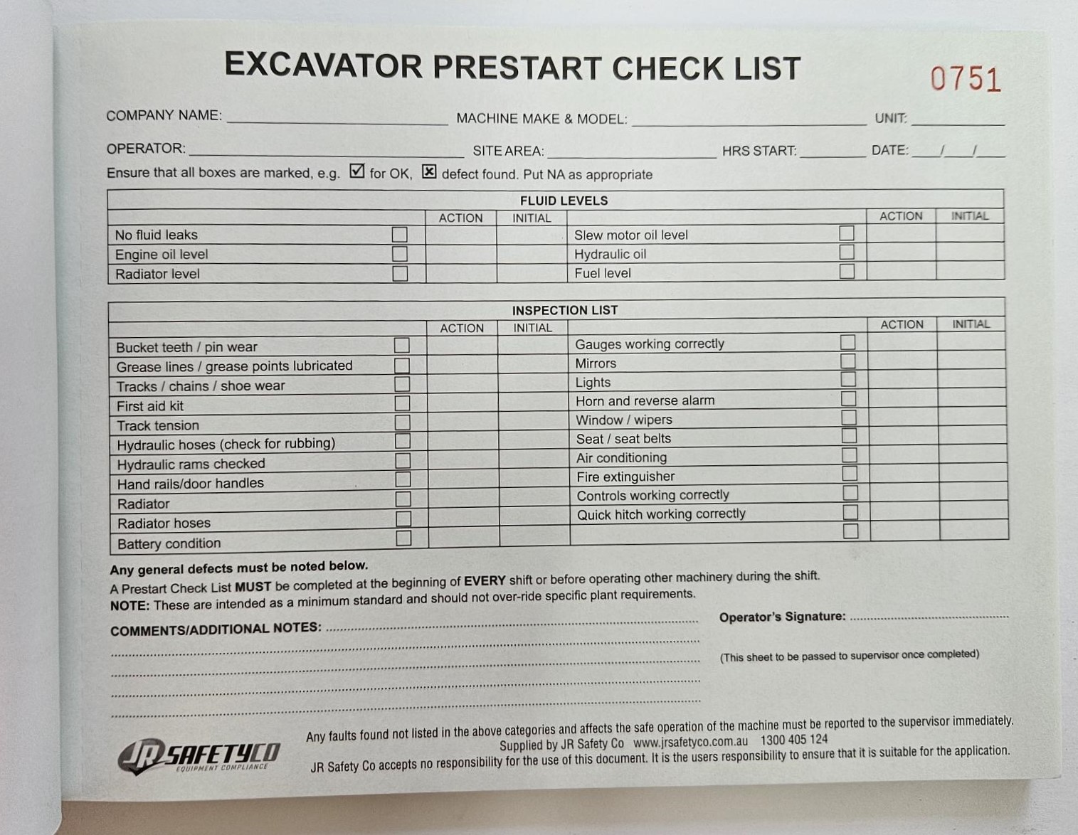 Excavator Prestart Checklist Book Jr Safety Co